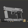Metallic Silver And Black Pistols With Scattered Bullets On Dark Surface