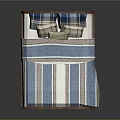 Wooden Bed Furniture With Blue And White Striped Quilt And Plaid Pillows