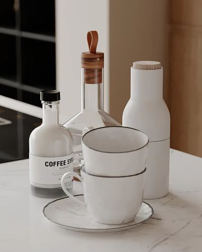 Decorative Ornament Set with White Bottles Wooden Lids and Stacked Coffee Cups for Kitchen Countertop 3d model