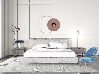 Modern Background Double Bed With Light Headboard Nightstands Lamps Circular Wall Decor And Blue Chair 3d model