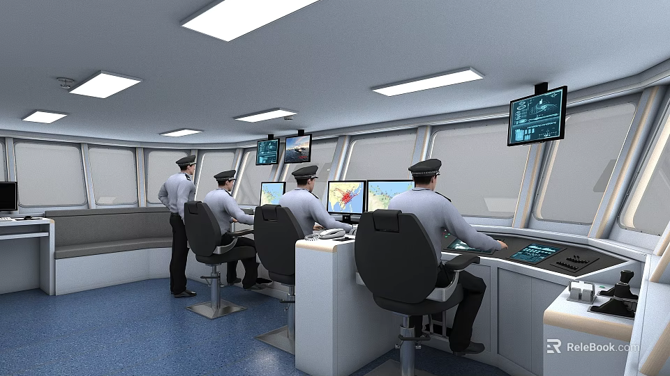 Advanced Ship Control Bridge With Professional Maritime Crew Operating Various Navigation And Monitoring Equipment 3d model 