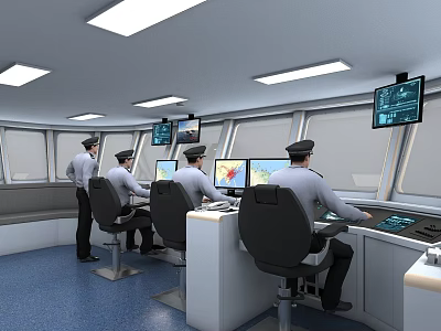 Advanced Ship Control Bridge With Professional Maritime Crew Operating Various Navigation And Monitoring Equipment 3d model