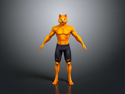 3D Cat Head Humanoid Character With Muscular Torso And Black Shorts 3d model