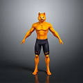 3D Cat Head Humanoid Character With Muscular Torso And Black Shorts