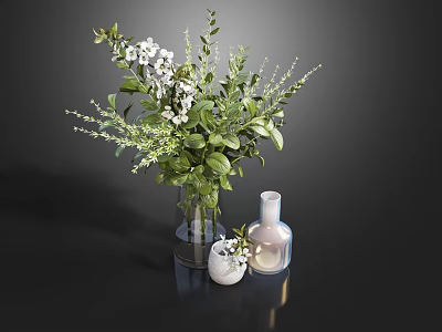 White Blooms and Green Leaves in Glass Vase with Small Decorative Vases on Dark Surface 3d model