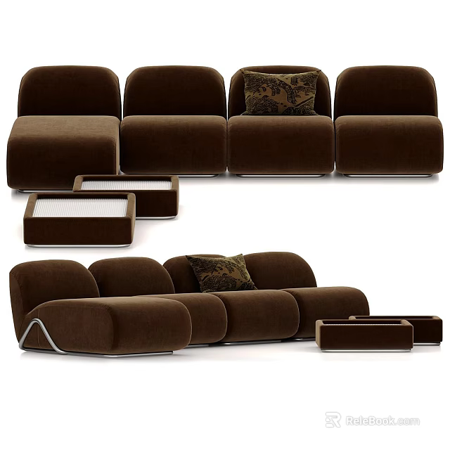 Brown Velvet Modular Sectional Sofa With Matching Side Tables And Decorative Cushions 3d model 