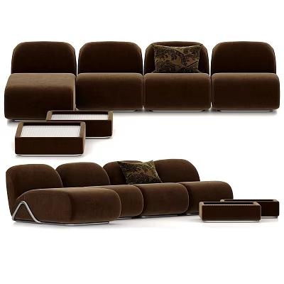 Brown Velvet Modular Sectional Sofa With Matching Side Tables And Decorative Cushions 3d model