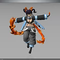 Anime Style Fantasy Character With Twin Ponytails Horns Blue Black Outfit And Flame Effects