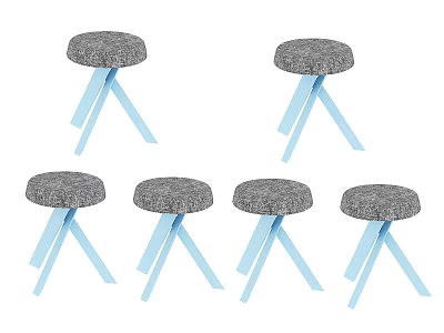 Modern Set Of Six Stools With Gray Upholstered Seat And Blue Wooden Legs 3d model