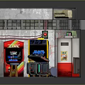 Cartoon Retro Arcade Scene Featuring Graffiti Walls Vintage Machines Old TV And Vending