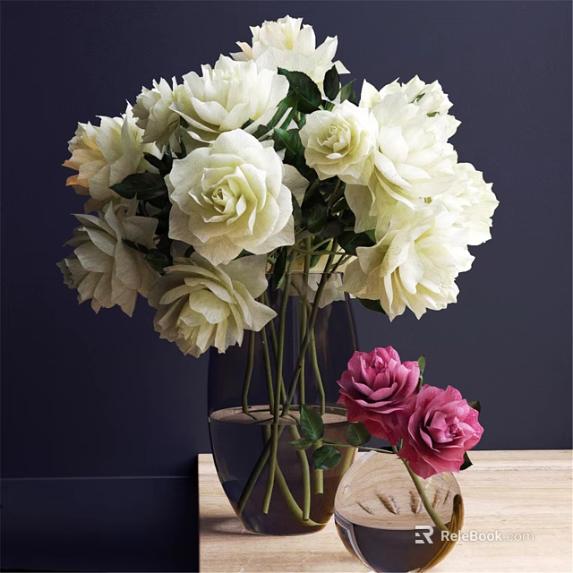 Elegant Decorative Ornament Set With White Pink Roses In Clear Vase On Wooden Stand 3d model 