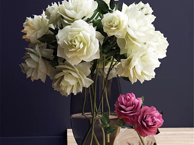 Elegant Decorative Ornament Set With White Pink Roses In Clear Vase On Wooden Stand 3d model