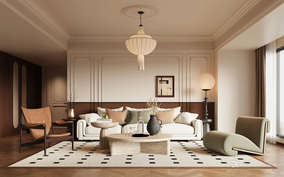 Elegant Modern Living Room Interior With Beige Sofa Coffee Table And Geometric Rug 3d model 