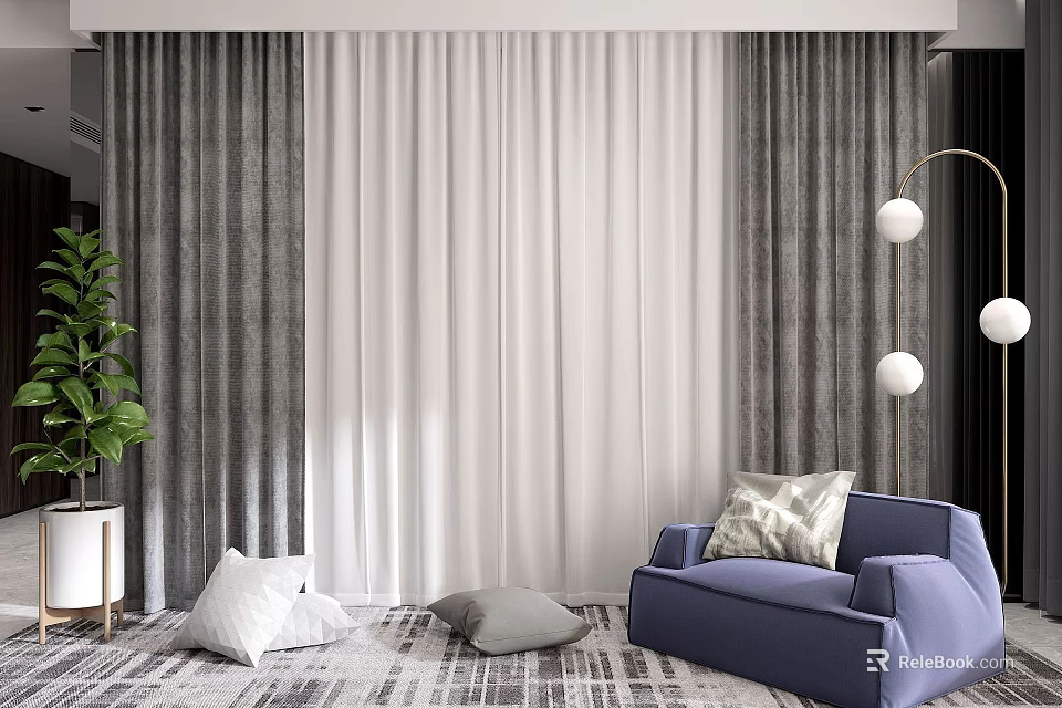 Layered Gray and White Curtain in Living Room With Blue Sofa Pillows Rug Floor Lamp 3d model 