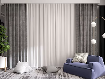 Layered Gray and White Curtain in Living Room With Blue Sofa Pillows Rug Floor Lamp 3d model
