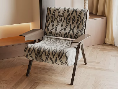 Modern Accent Chair Featuring Black White Geometric Pattern And Wooden Armrests 3d model