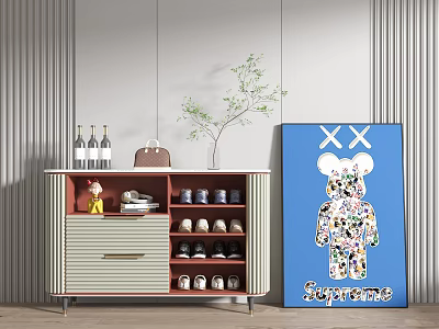 Modern Style Shoe Cabinet With Decorative Items Potted Plant And Cartoon Painting 3d model