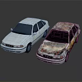Light Blue Sedan And Rusted Vintage Car Display On Shiny Reflective Floor