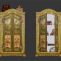 Floral Painted Yellow Decorative Cabinets With Glass Doors Open Door And Top Decor Items
