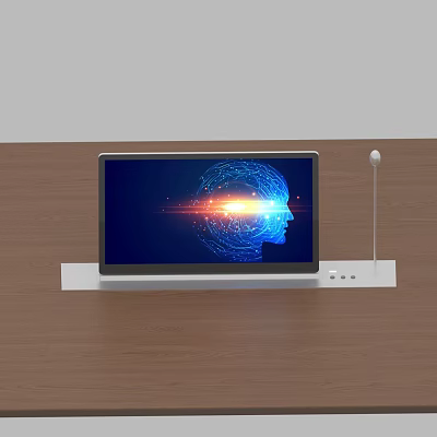 Computer Monitor With Brain Wave Interface Facial Recognition Display And Desktop Microphone On Wooden Desk 3d model
