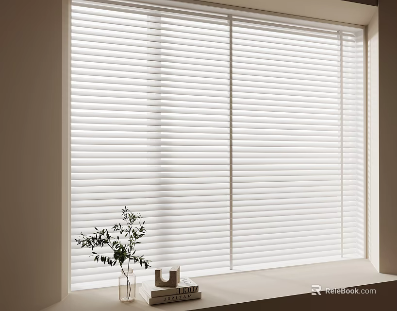 White Window Blinds in Interior Room with Green Plant and Books on Windowsill 3d model 