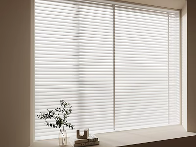 White Window Blinds in Interior Room with Green Plant and Books on Windowsill 3d model
