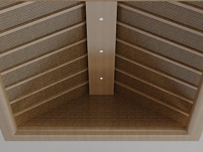 Symmetrical Wooden Ceiling Design With Striped Panels And Round Lights 3d model