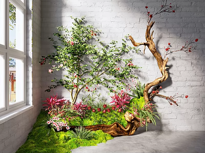 Indoor Landscape Design With White Brick Wall Tree Moss Pink Flowers And Driftwood 3d model