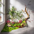 Indoor Landscape Design With White Brick Wall Tree Moss Pink Flowers And Driftwood
