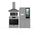 Modern Stainless Steel Kitchen Appliances With Refrigerator Microwave Oven And Range Hood