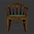 Wooden Armchair With Curved Armrests Slatted Backrest And Green Padded Seat