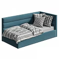 Blue Upholstered Kids Bed With Soft Headboard And Striped Bedding Plus Polka Dot Pillows