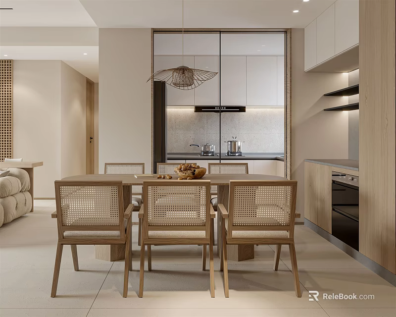 Modern Restaurant Interior With Dining Table Wicker Chairs Open Kitchen And Pendant Light 3d model