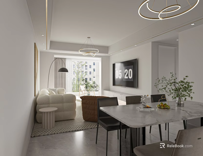 Modern Living and Dining Room Interior With Sofa TV Marble Table Chandelier And Plants 3d model 