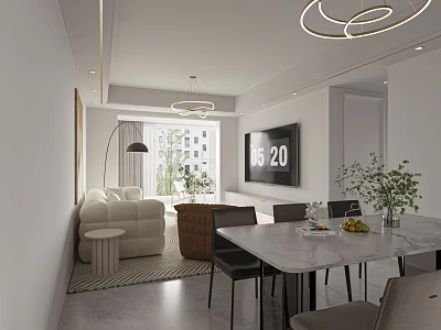 Modern Living and Dining Room Interior With Sofa TV Marble Table Chandelier And Plants 3d model