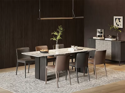 Modern Dining Table Set With Marble Top Chairs Pendant Light And Dark Wooden Wall 3d model