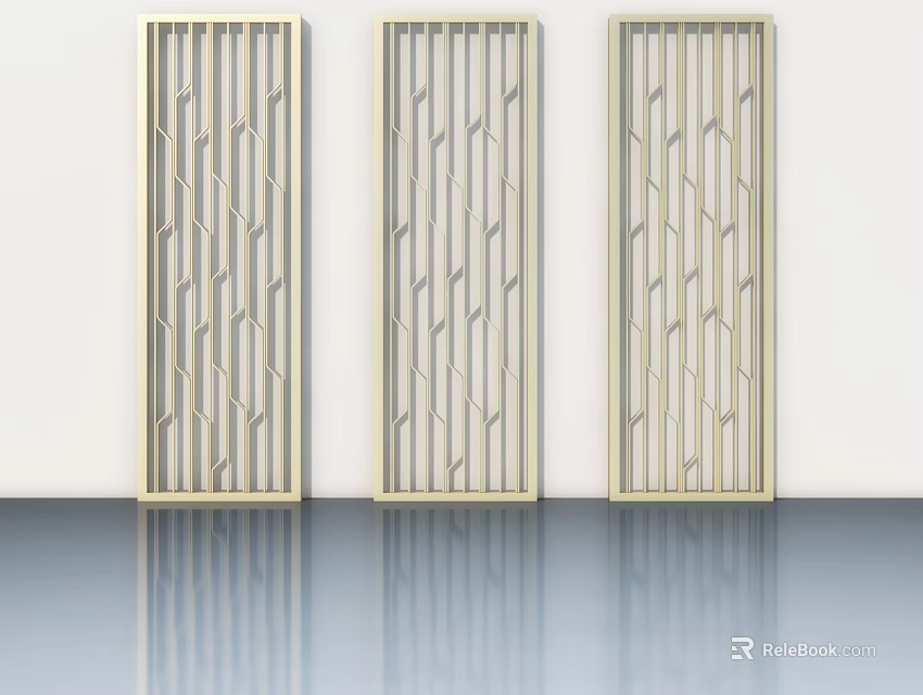 Three Golden Swing Doors With Modern Geometric Hollowed Design And White Wall Background 3d model 