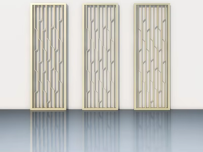 Three Golden Swing Doors With Modern Geometric Hollowed Design And White Wall Background 3d model