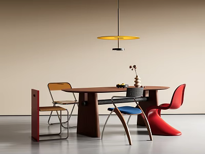 Minimalist Retro Wood Dining Table Set With Various Creative Design Chairs For Modern Home Interior 3d model