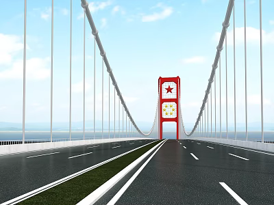 Red Tower Cable Stayed Bridge With Road Under Blue Sky White Clouds And Sea Surface 3d model