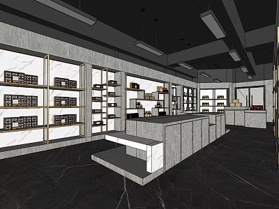 Specialty Store Interior Design With Display Shelves Marble Counter And Products 3d model