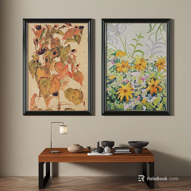 Botanical Paintings with Black Frames and Floral Leaf Designs for Home Interior Wall Decor 3d model 