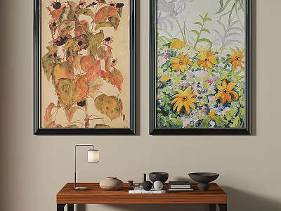 Botanical Paintings with Black Frames and Floral Leaf Designs for Home Interior Wall Decor 3d model