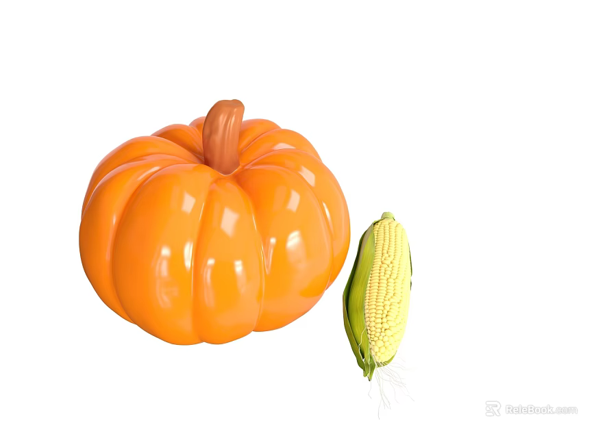Fresh Orange Pumpkin And Ripe Corn Vegetables On White Background 3d model 