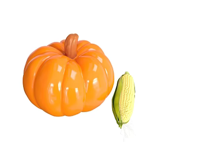 Fresh Orange Pumpkin And Ripe Corn Vegetables On White Background 3d model
