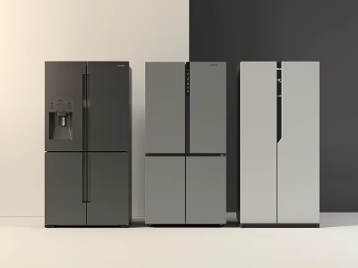 Three Stylish Modern Refrigerators In Different Colors Standing Side By Side 3d model
