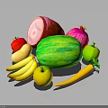 Fresh Assorted Food Items Including Ham Watermelon Pomegranate Apples Bananas Carrot on Dark Reflective Surface