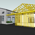 Industrial Workshop With Yellow Steel Frame Gray Walls Modern Design And Entrance