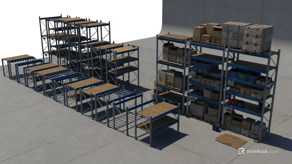 Multi tiered Industrial Display Racks with Blue Metal Frames and Wooden Shelves Holding Boxes 3d model 