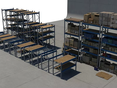 Multi tiered Industrial Display Racks with Blue Metal Frames and Wooden Shelves Holding Boxes 3d model